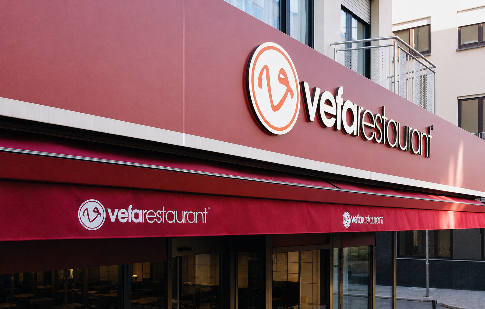 Fassade des Vefa Restaurants mit Logo-Schriftzug, Mannheim